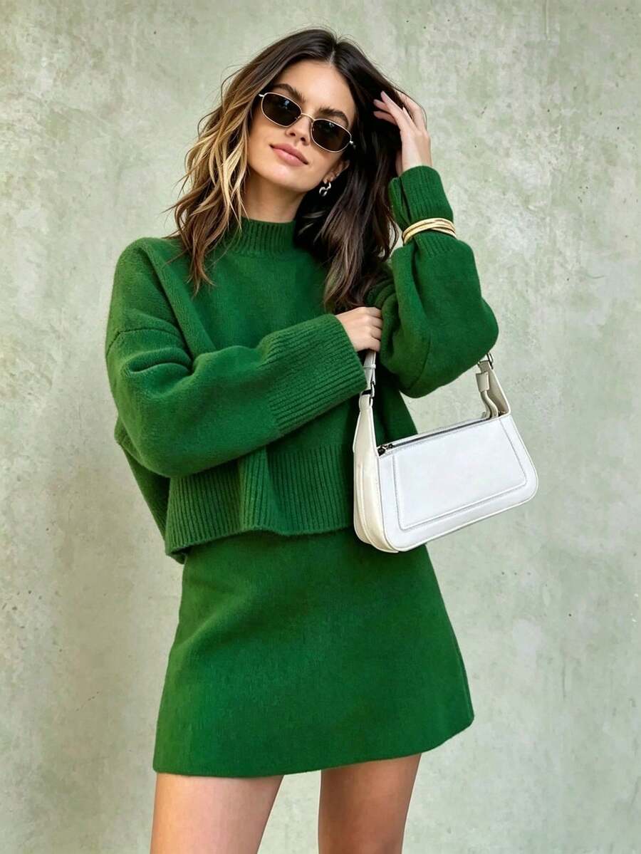 Women's Solid Color Mock Neck Long Sleeve Top + Elastic Waist Short Skirt – Fall Winter Simple Lazy Knit Skirt Set, Street Casual Matching Wear - Green - View 1