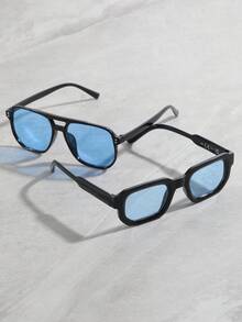 2pcs Vintage Decorative Glasses Set, Double Bridge Glasses + Small Square Black Frame, Light Blue Lenses, Unisex Daily Party Outfit Accessory - Multicolor - View 3