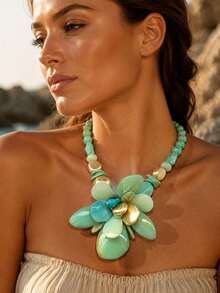 Turquoise‑Green Beaded Statement Choker, Large Flower Pendant Necklace With Gold Accent, Boho Bold Collar Jewelry For Women Vacation Party Daily Wear - Multicolor - View 5