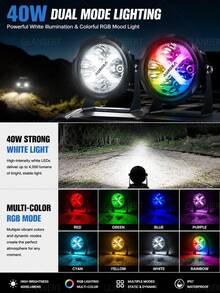 GLANBERT 2 đèn LED tròn laser 4 inch 40W off-road chiếu điểm và chiếu rộng với vòng halo RGB, 7 màu đơn sắc, 15+ chế độ nhấp nháy, kèm bộ dây điện và công tắc - Đèn nền RGB bảy màu - Xem 4
