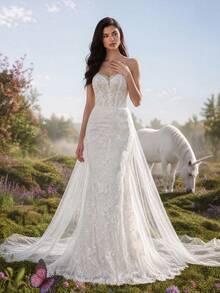 HEARBOBO Heavy Lace Sleeveless Strapless Vintage Mermaid Long Dress With Tulle Wedding Dresses For Bride White Fall - White - View 7