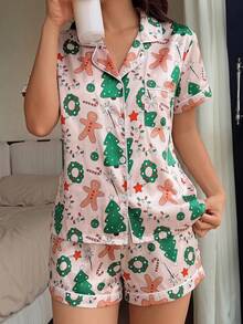 Julpyjamas för kvinnor, 2-delat set i satin med julgran- och pepparkaksman-motiv, kortärmad topp med krage och shorts med rosett - Aprikos - Visa 4