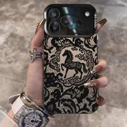 1 Buah Casing Ponsel Jendela Besar Motif Renda Retro Cocok untuk Apple 18 Pro Max/11/12/13/14 Plus/15/16/17 Pro Cocok untuk Galaxy A14/15/16/36/55/56/Galaxy S22/23/24/25