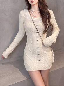 Women's Autumn/Winter Minimalist Elegant Sexy Style Lace Trim Dress - Beige - View 4