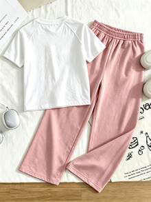 2pcs Kids DTG Rock Dinosaur Guitar Print Outfit, Raglan Short‑Sleeve Tee & Side Stripe Pink Wide Leg Pants Set - White - View 11