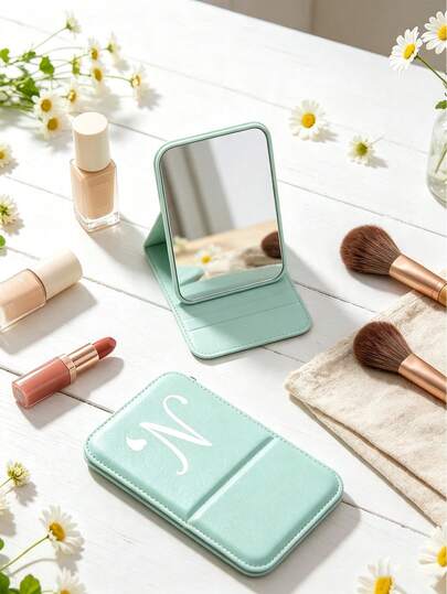 Mini Blue-Green Letter Foldable Portable Makeup Mirror, Printed With Artistic Heart White Initial, Name Initial, With Stand Makeup Mirror, Travel Mirror, Beauty Product, Desktop Makeup Mirror, Rectangular Desktop Compact Makeup Mirror, Unisex, Foldable Small Minimalist Makeup Mirror, Student Dorm Back To School Mirror, Back To School Gift, Business Travel, Travel Portable Makeup Mirror, Suitable For Women's Gift, Back To School Season, Teacher's Day, Best Gift For Teachers