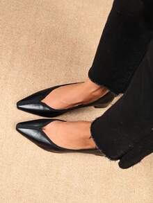 Women's V-Cut Pointed Toe Low Heel Pumps, Contrast Trim, Vintage Soft Leather Design, Elegant Office Formal High Heels - Black - View 6