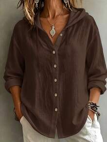 Women's Solid Color Shirt, Casual Style, Single-Breasted Design, With Drawstring Hood And Long Sleeves, Loose And Comfortable Fit, Suitable For Daily Wear, Gatherings And Office Occasions. - Coffee Brown - View 6