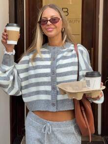 Senya Casual Fashion Striped Crew Neck Single-Breasted Cardigan & Straight Leg Pants Set, Exquisite Urban Commute Knit 2 Pieces Matching Set Fall - Light Grey - View 4