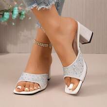 Shiny Rhinestone Chunky Heel High Heel Slides, Women's Square Toe Open Toe Outdoor Party Banquet Sandals - Beige - View 5
