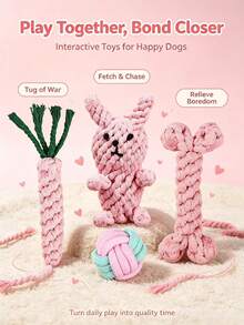 Pink Cotton Rope Dog Chew Toy Set, Durable Bite-Resistant Teething Toys, Interactive Knotted Rope Bone Rabbit Carrot Ball Toys, Suitable For Small And Medium Puppies Teeth Cleaning - Multicolor - View 10