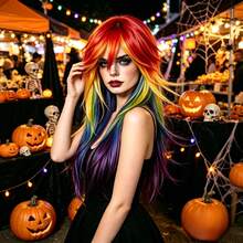 Vibrant 26 Inch Rainbow Color Long Straight Wig, Side Bangs Rainbow Hair Color, Anime Inspired Wig, Synthetic Fiber Wig, Adjustable Breathable Inner Cap, Easy To Style, Suitable For Cosplay, Party And Daily Wear, Perfect For Halloween Events - Multicolor - View 3