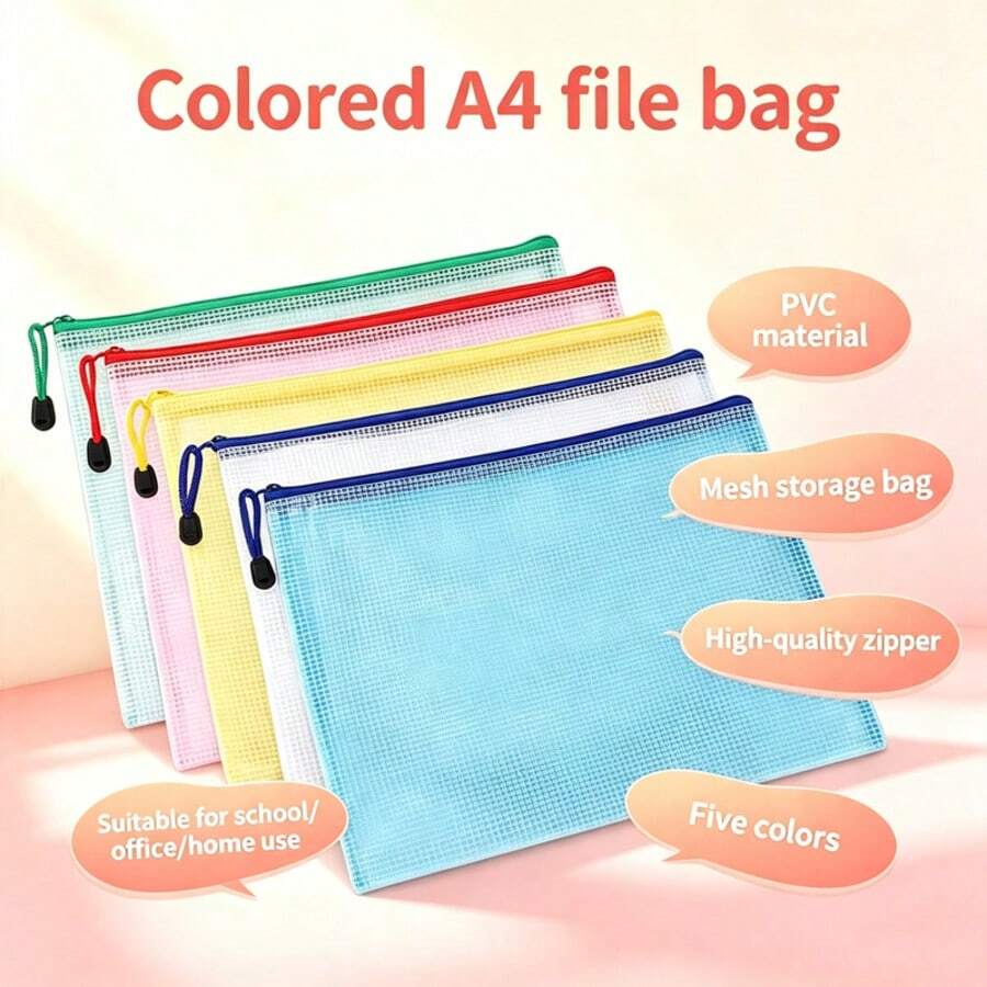 2/6/12pcs A4 Zipper Bags, Mesh File Bags, Student Test Paper Storage, Office Document And Material Storage Bags, Travel And Home Portable Storage