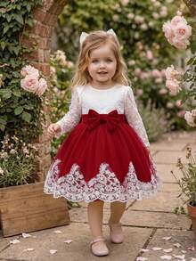 Baby Girls Lace Long Sleeve Mesh Bow Gorgeous Princess Flower Girl Dress, Suitable For Wedding Party, Headband Not Included - Burgundy - View 6