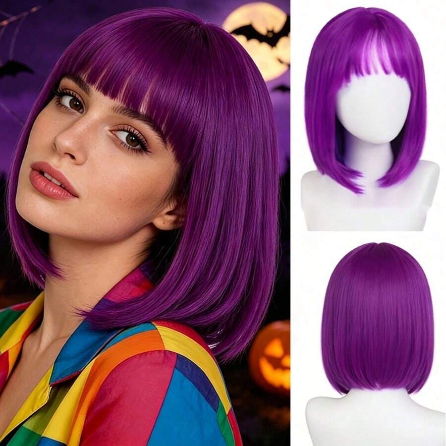 Fashionable 14 Inch Burgundy Short Bob Wig With Straight Bangs, Smooth And Vibrant Women's Short Hair, Basic Style, Adjustable Breathable Inner Cap, Synthetic Fiber Wig, Comfortable And Breathable, Easy To Style, Suitable For Cosplay, Party And Daily Wear, Perfect For Halloween Events - Multicolor - View 1