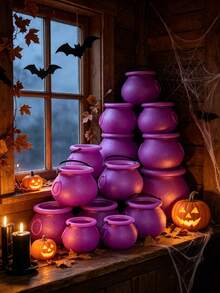 6pcs Halloween Green Mini Cauldron Witch Buckets Candy Jars With Handles, Witch Theme Party Decor, Lightweight Portable Candy Boxes, Reusable "Trick Or Treat" Candy Storage Containers, Black Plastic Witch Cauldron Decor, Suitable For Halloween Party, Home Decor, Autumn Decor And Room Arrangement, Plastic Witch And Pumpkin Bucket Props With Snap Closure, Halloween Decoration, Autumn/Winter Seasonal Decor, Gothic Halloween Gifts, Party Decoration Gifts - Purple - View 4