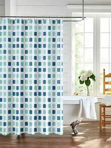 1pc PEVA Printed Waterproof Shower Curtain With Hooks, Blue & Green Plaid Bathroom Shower Curtain, Mildew-Resistant Dry & Wet Separation, Home Decor - Multicolor - View 4