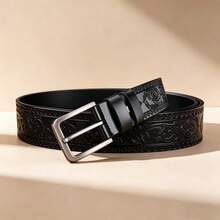 Vintage Men's Belt With Embossed Design And Alloy Buckle, Practical And High-Quality - Black - View 3