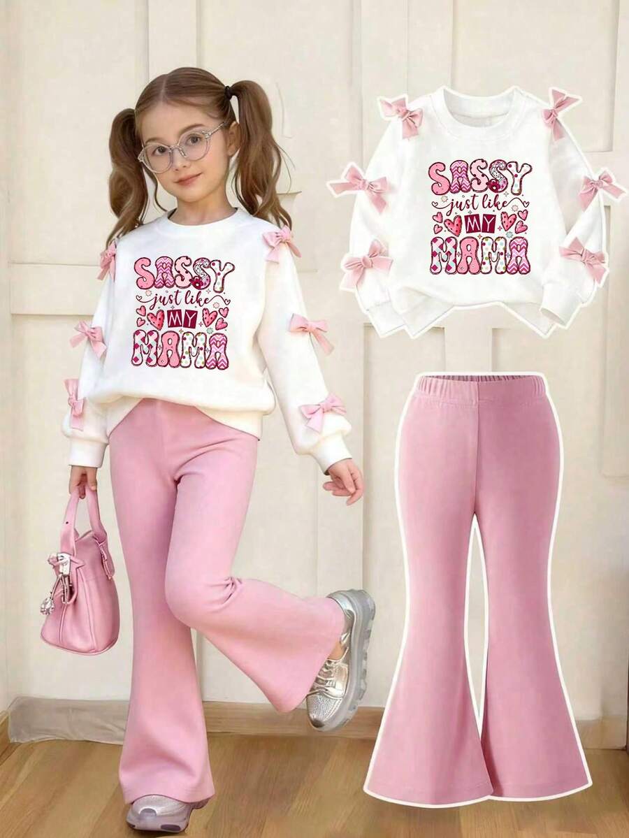Young Girl Letter Print Round Neck Long Sleeve Top And Flare Pants Set - White - View 1