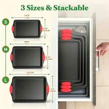 LugoBox 3/4‑Piece Carbon Steel Baking Pan Set, Double‑Sided Non‑Stick Bakeware With Red Silicone Handles, Oven & Toaster Baking Tray, Home Kitchen Baking Accessories - Hitam - View 3
