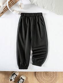 Young Boy Casual Minimalist Versatile Preppy Style Black Long Pants With Diagonal Pockets, Suitable For Vacation, Travel, Sports, School And Daily Wear - Black - View 5