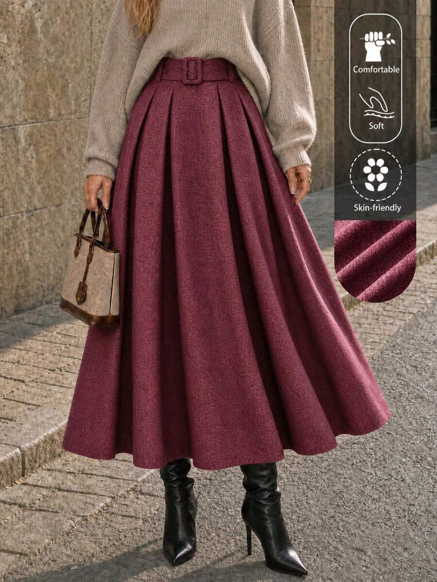 EARO Women's High Waist Slimming Gray Versatile Elegant Loose Daily Commute Casual Design Elastic Waist Adjustable Belt A-Line Skirt Spring Red - Red - View 1