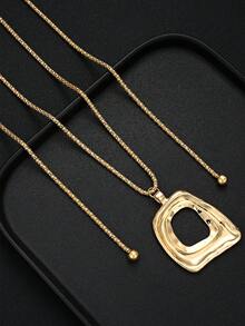 1pc Vintage Elegant Casual Women's Metal Asymmetrical Geometric Pendant Gold Long Necklace, Perfect For Vacation, Date, Daily Wear And Gift - Gold - View 4