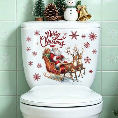 1pc Self-Adhesive Waterproof PVC Toilet Tank Sticker, Winter Snowman/Santa Claus Christmas Holiday Print, Removable Bathroom Decor Sticker, Indoor Bathroom Christmas Winter Home Decor, Christmas Decoration
