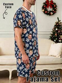 Upload Custom Portrait Male Sleepwear Set, Winter Snowflake & Multi Family Faces All Over Customized PJs Holiday Surprise Present - Multicolor - View 2
