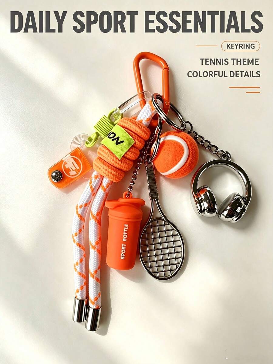 Woven Rope Tennis Theme Creative Pendant Keychain, Tennis Racket Keychain, Sports Water Bottle Earphone Charm, Suitable For Gym Bag, Car Keys, Unisex - Multicolor - View 1