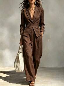 Women's 2-Piece Faux Suit Set, Lapel Waist-Tie Cropped Blazer With High-Waist Pleated Wide-Leg Pants, Elegant Casual Commute Outfit - Coffee Brown - View 9