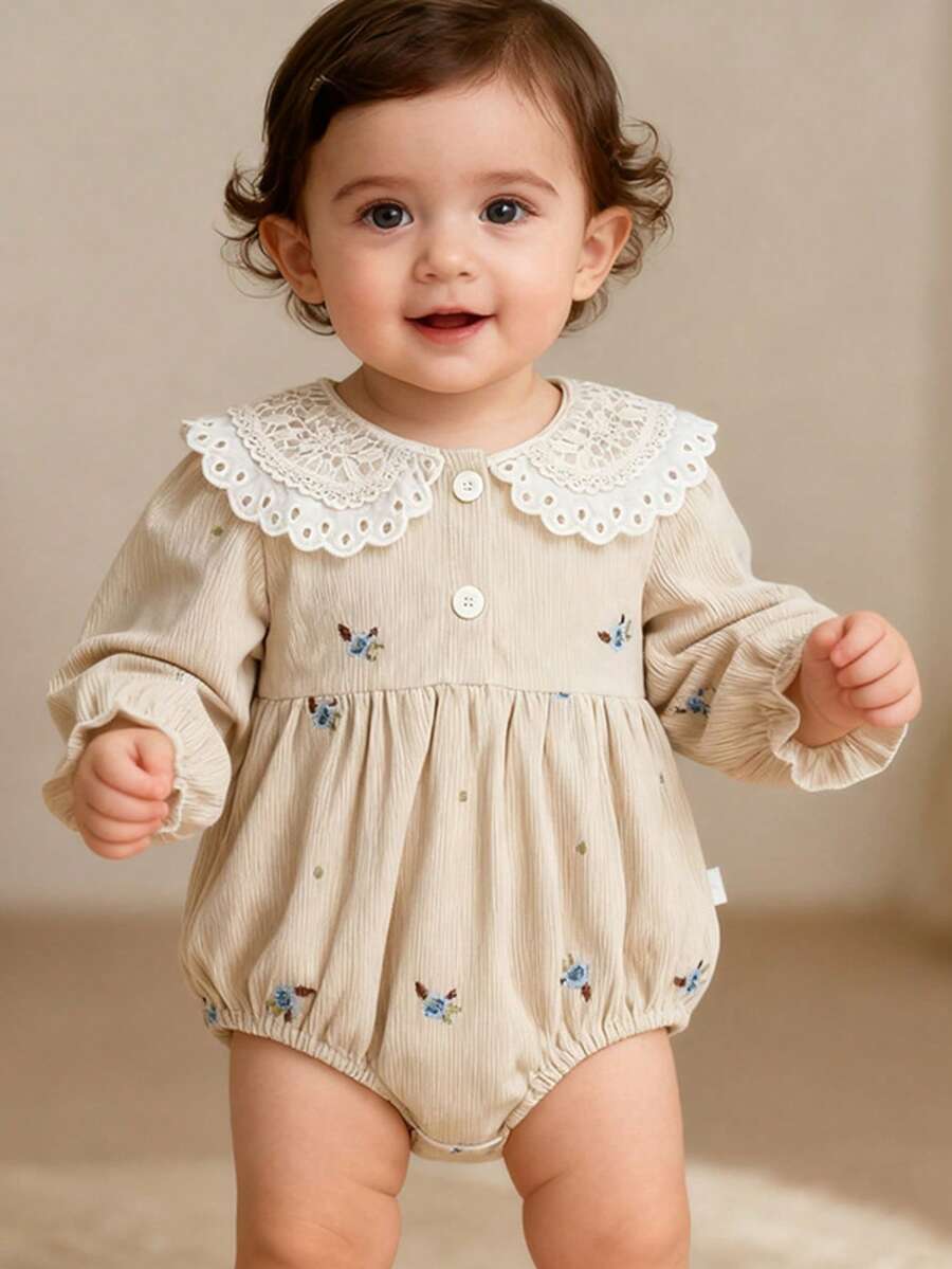 Spring/Autumn Baby Corduroy Long Sleeve Embroidered Lace Peter Pan Collar Romper For Girls