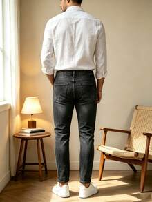 Men's Slim Fit Elastic Washed Denim Pants Suitable For Daily Use In All Seasons, Suitable For Commuting Or School - Dark Grey - View 4