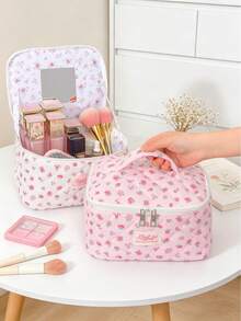 1Pc Ditsy Floral Quilted Makeup Bag With Built-In Mirror Portable Handle Large Capacity Travel Cosmetic Organizer Skincare Wash Bag For Women Daily T - Multicolor - View 6