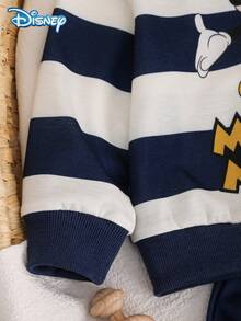 Disney 2pcs Set Autumn Baby Boy Newborn Mickey Cute Letter Cartoon Striped Print Long Sleeve Ribbed Sweatshirt Elastic Waist Royal Blue Sweatpants Slight Stretch Suitable For Baby Newborn Daily Wear Spring Gift - Royal Blue - View 4