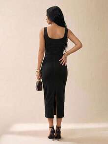 Vestido de mezclilla midi, ajustado, hombros descubiertos y cuello cuadrado - Negro - Ver 2