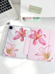 1件粉色百合花平板保護殼，相容 iPad Mini6/7/Air/Air2/9.7/10.2/10.5/10.9 (Air4-Air8)/Pro 11/10th Gen/A16/Pro 11 2024，雙面彩繪圖案，透明壓克力背殼，絲綢質感 8 折支架，自動休眠/喚醒，內建筆槽，不含筆，部分機型附相機框 - 彩色 - 查看 6