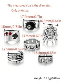 RINTOLER 6pcs Vintage Distressed Gothic Style Spade Heart Poker Card Clown Ring Set, Punk Hip Hop Iron Alloy Closed Ring Set, Non-Adjustable - Multicolor - View 3
