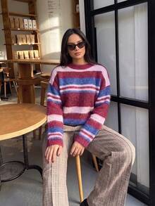 Cloud Verse Retro Multicolor Striped Fuzzy Knit Pullover Y2K Streetwear Loose Fit Long Sleeve Sweater - Multicolor - View 4
