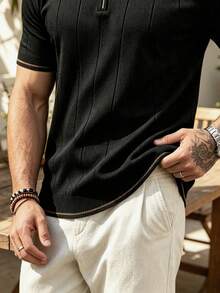ALTZTAR Men's Summer Half-Zip Polo Collar Ribbed Solid Color Short Sleeve Knit Sweater - Black - View 5