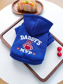 1 pièce Vêtements pour animaux de compagnie Chien Chat Vêtements pour petit chien Chiot Sweat-shirt à capuche chaud et mignon pour l'automne et l'hiver Sweat-shirt Le petit joueur de papa - Bleu azur - Voir 4