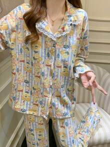 2pcs/Set Women's Pajamas Loungewear Set, Lapel Lace Patchwork Cute Pattern Print Cardigan Long Sleeve Pants, Easy Care Fabric - Multicolor - View 5