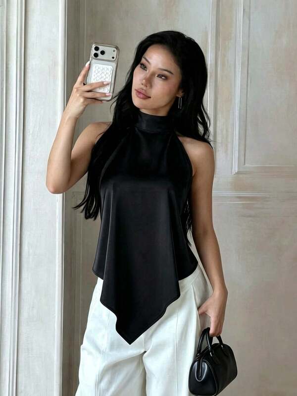 Summer Top, Black Satin Backless Top, Sexy Casual Y2K Style, For Date Party Vacation Beach Daily Outing, Basic