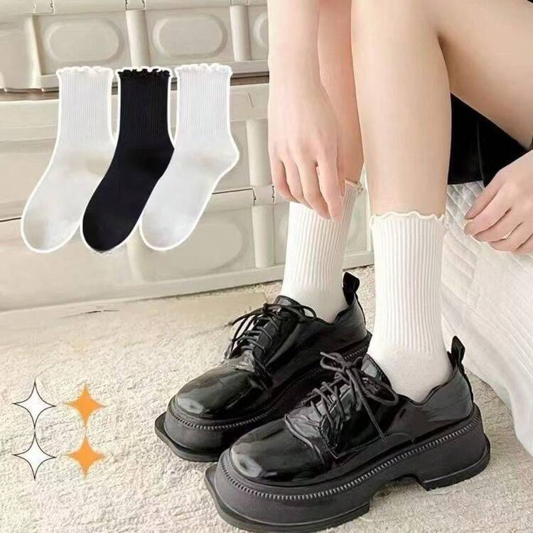10/20/30/40 Pairs Women's White Ruffle Trim Casual Versatile Mid-Calf Socks - White - View 7