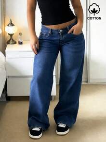 MYOURSA 女款寬鬆低腰寬腿牛仔褲，復古水洗破洞街頭風 Y2K 校園風休閒款，適合春秋穿著 - 深色水洗藍 - 查看 6