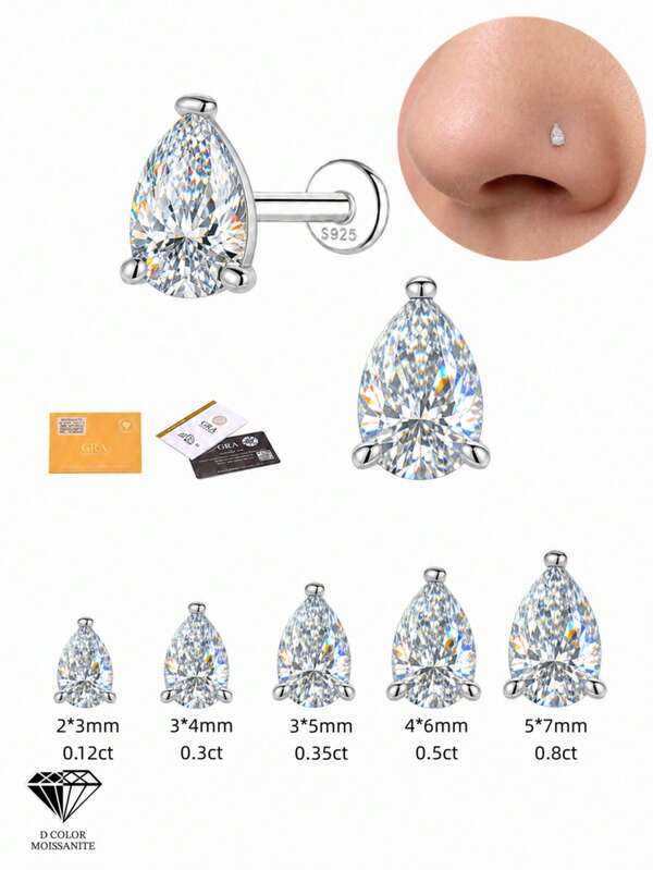 1Pc 0.03-0.3ct 925 Sterling Silver Moissanite Nose Stud Hypoallergenic Cartilage Body Piercing Jewelry For Women Men Daily Wedding Bridal Wear & Gifts