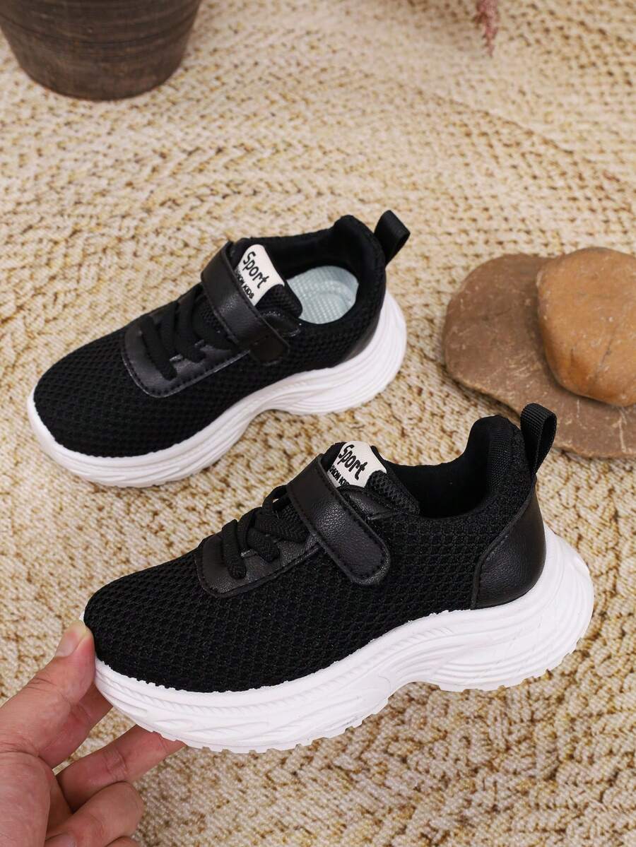 1 Pair Kids' Black Mesh Hook & Loop Thick Sole Casual Sports Shoes, Suitable For Daily School And Outdoor Occasions