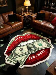 1pc Cool Red Lips Biting Dollar Bill Velvet Rug, Decorative Carpet, Bedroom Decor, Small Rug, Carpet, Home Decor, Living Room Rug, Living Room Small Rug, Bedroom Rug, Living Room Home Decor, Outdoor Rug, Washable Carpet - Red - View 2