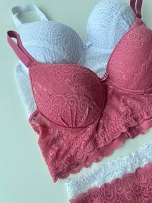 Conjunto Lingerie Plus Size Rendado Cropped  Lingerie Sensual Calcinha Alta Confortável - Rosa chiclete - Visão 4