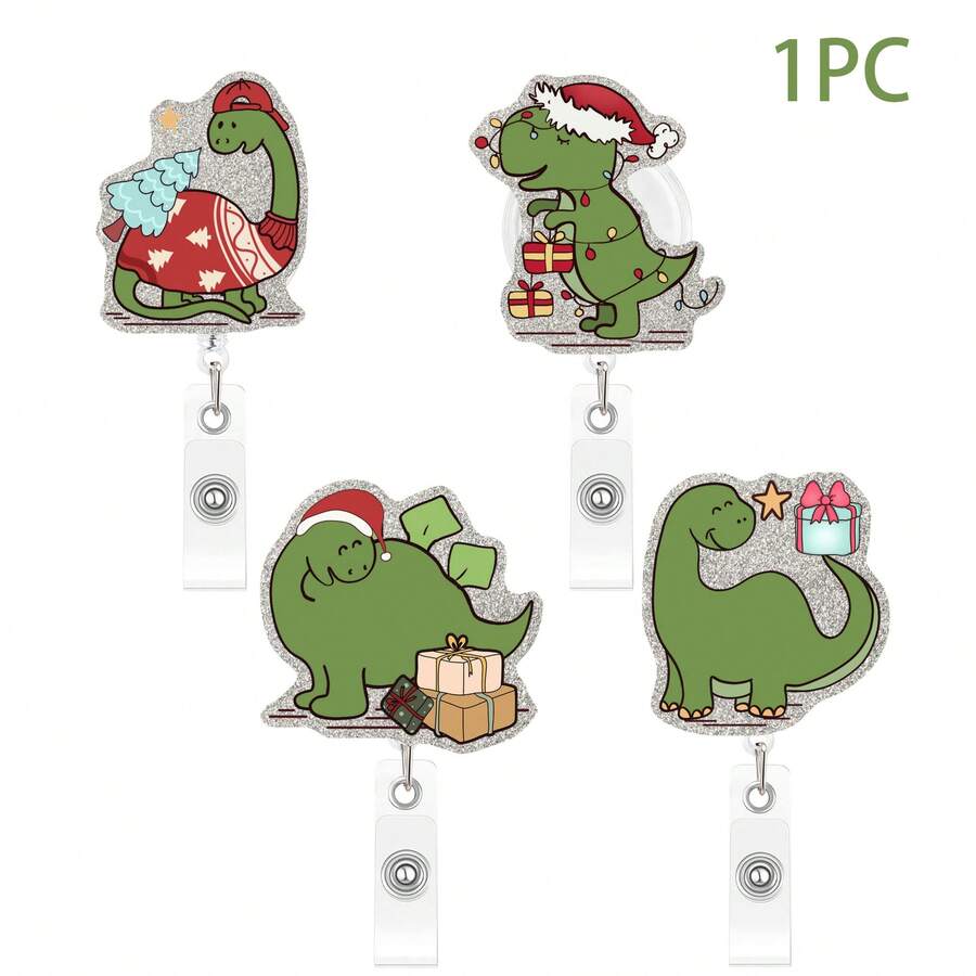 1PC Christmas Dinosaur Acrylic Retractable Badge Holder Clip Cute Holiday Decoration - Multicolor - View 1